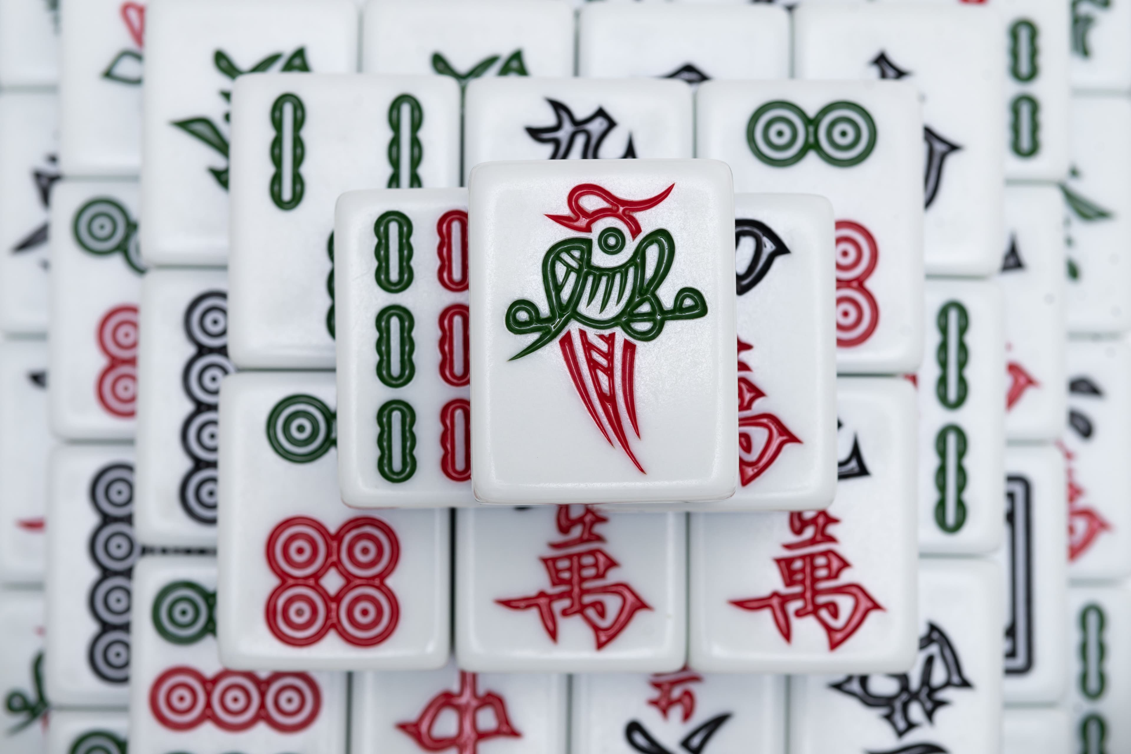 Close-up of American Mahjong tiles from the set
